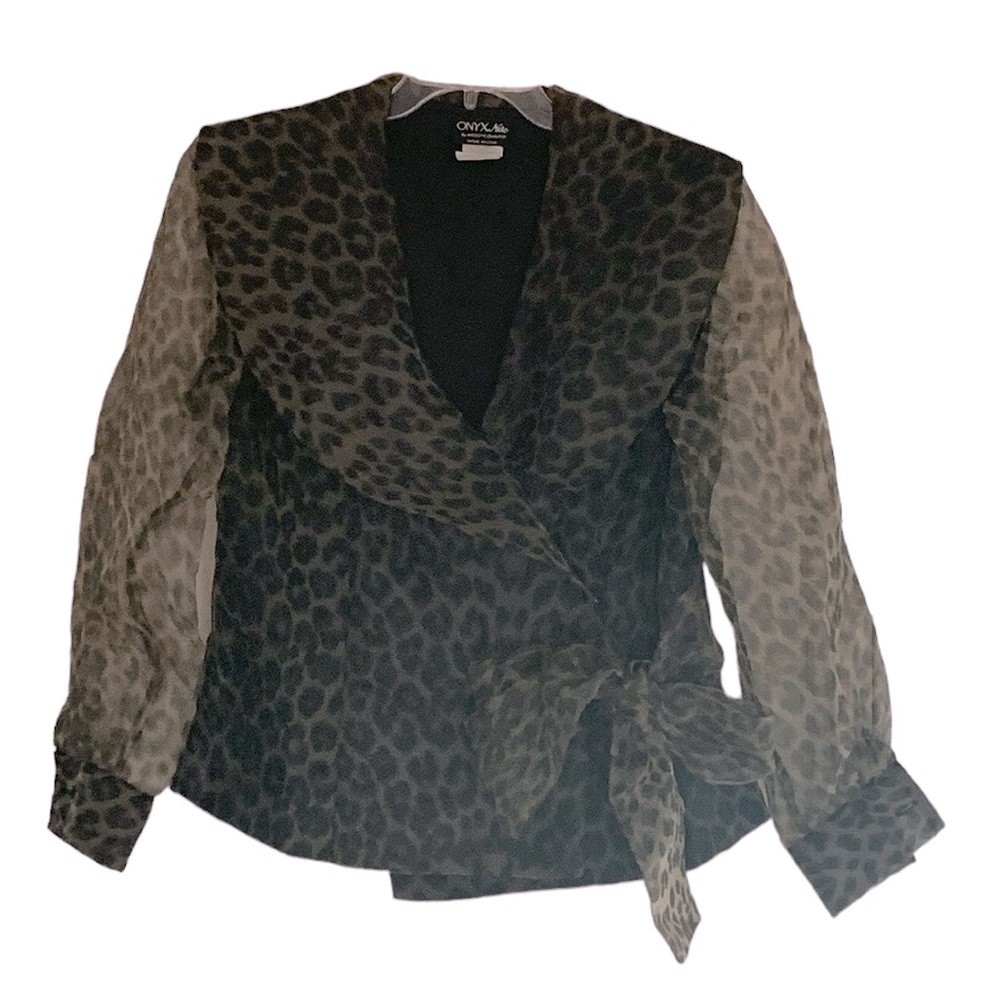Onyx Nite Wendye Chaitin Animal print wrap style top with sheer sleeves, size M